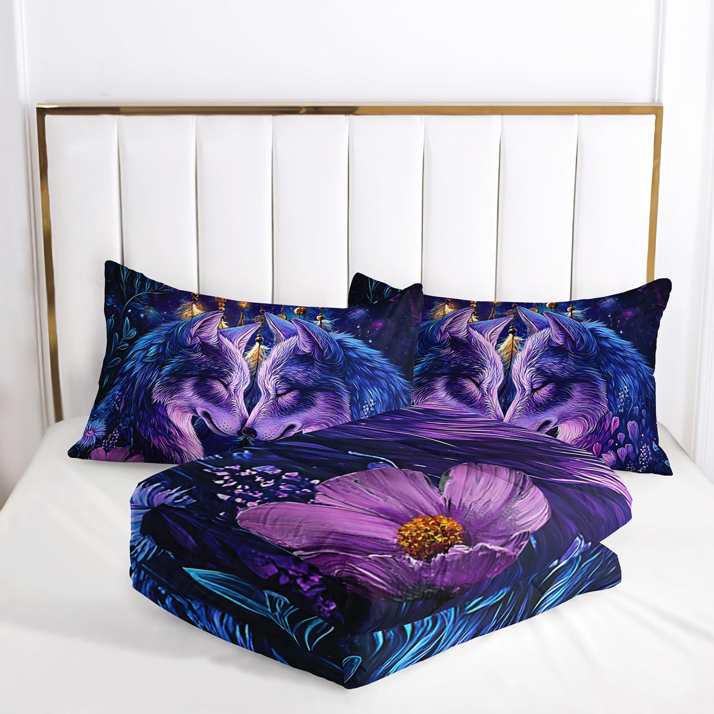 lneffble Purple Wolf Bedding Comforter Set Full Size，Dreamcatcher Flower Quilt Bedding Set Full，with 1 Comforter with 2 Pillow Case，Wolf Bedroom Decor for Kids Girls Boy