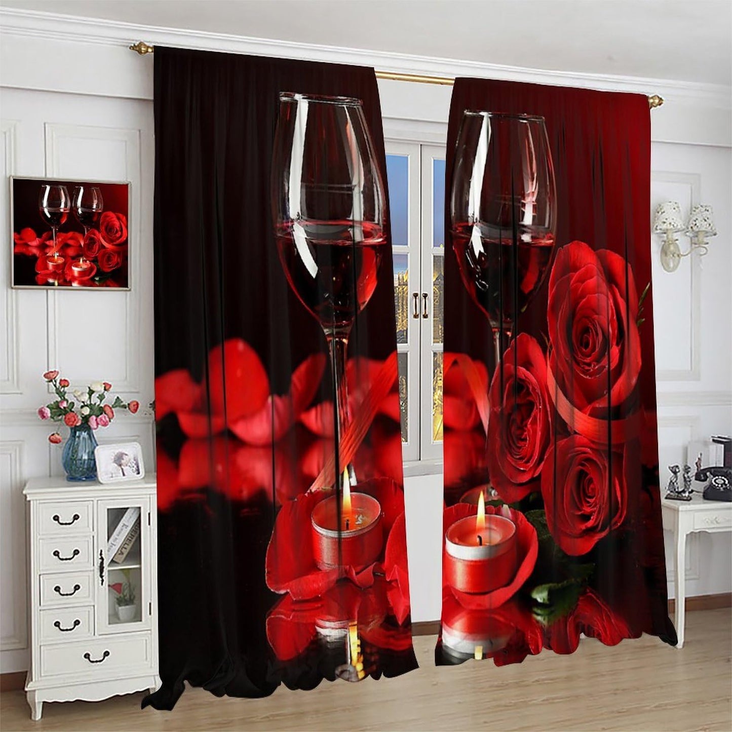 SENRUEGT Red Rose Wine Curtains for Bedroom,Valentine's Day Window Drapes Red Rose Petals Modern Romantic Window Treatments for Living Room Women Bedroom 42" W X 45" L