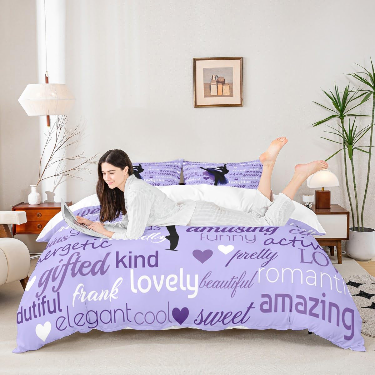 Gymnastics Ballet Lovers Duvet Cover Set Queen,Beauty Silhouette Bedding Set 3pcs for Kids Teens Adults Room Decor,Inspirational Quotes Comforter Cover Purple Romantic Quilt Cover with 2 Pillowcases