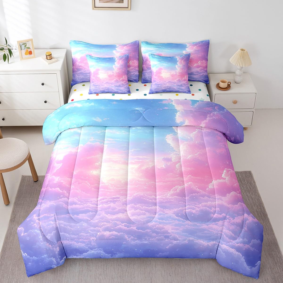 Cloud Sky 7 Pieces Bedding Set Twin Size Kids Girls Rainbow Bed in a Bag with Comforter, Sheets, Pillowcases Cute Lightweight Bed Set Breathable Ombre Starry Sky Room Decor Comforter Set with Sheets