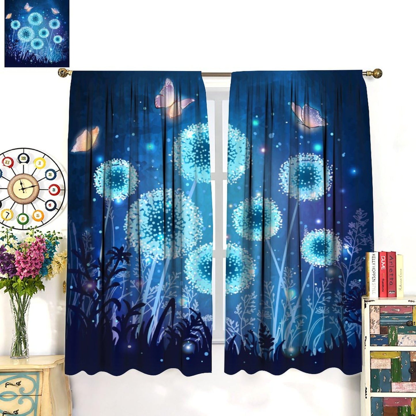 DDCBNS Fantasy Nature Window Curtains,Magical Garden Dandelion Window Treatments for Bedroom Living Room Nature Scenery Butterfly Print Drapes 2 Panels Set,Total Size 42 x 45 Inch