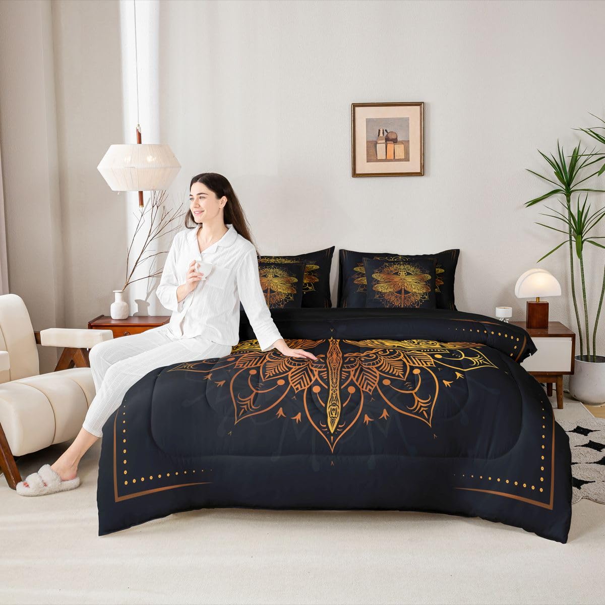 Erosebridal Gold Dragonfly Comforter Set Mandala Bed in A Bag King Size 7 Pieces Boho Bed Set Room Decor Exotic Style Bedding with Sheets