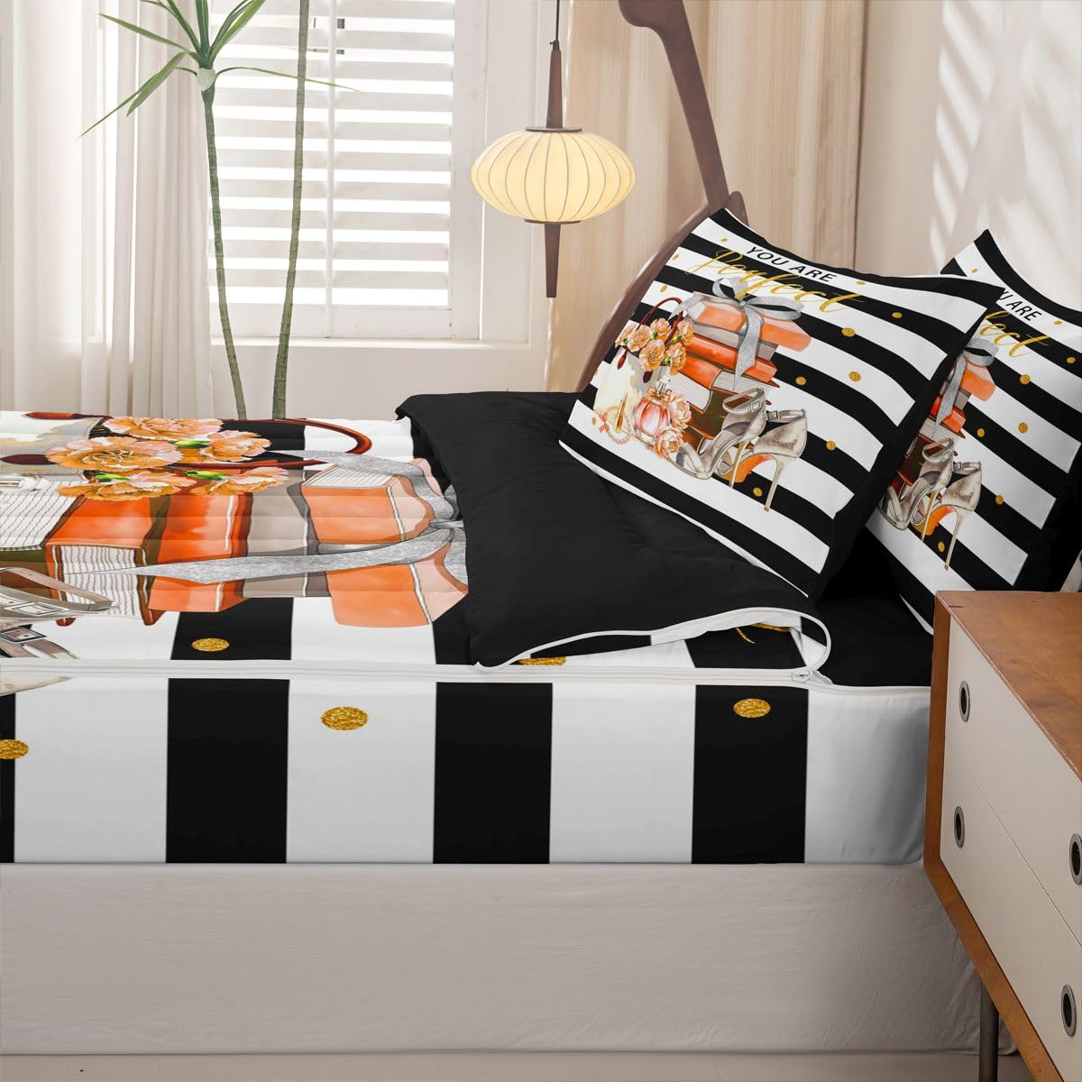 Feelyou Book Comforter Set Full Size Zipper Bedding Set for Girls Boys White Black Orange Comforter with Fitted Sheet, Pillowcases Perfume Zipper Bedding Soft Breathable Bed in a Bag