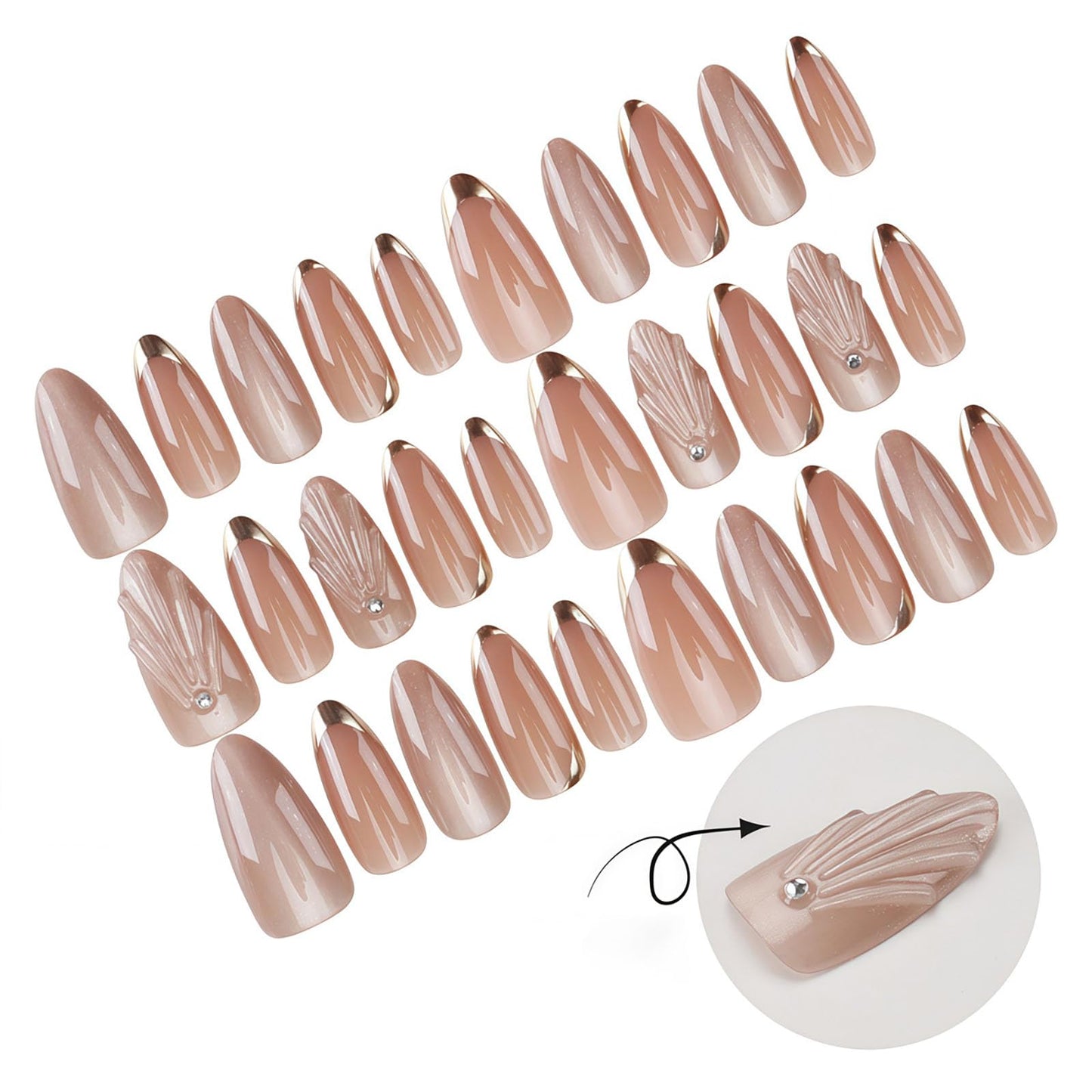 RUOKEXIN Almond Press on Nails Gold French Tip Fake Nails Nude False Nails with 3D Designs Short Nail Press ons Gold Sparkly Artificial Nails for Women 30Pcs