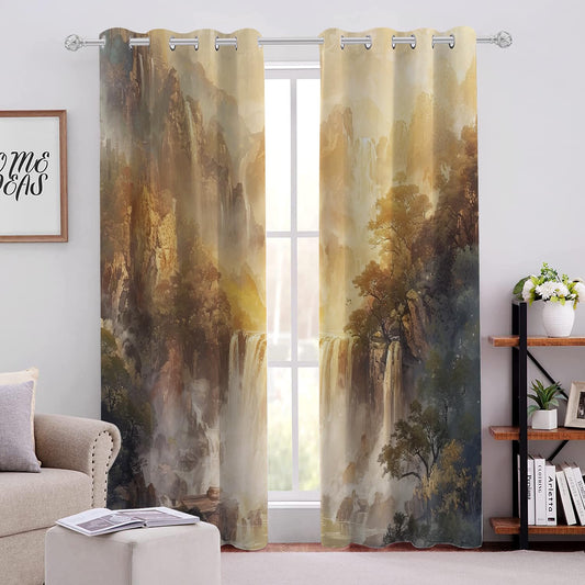 Forest Waterfall Scenery Blackout Curtains 2 Panels, Bright Towering Peaks 3D Printed Top Grommet Drapes, Energy Saving Darkening Curtains for Living Room Bedroom Kitchen(52" W x 84 "L)