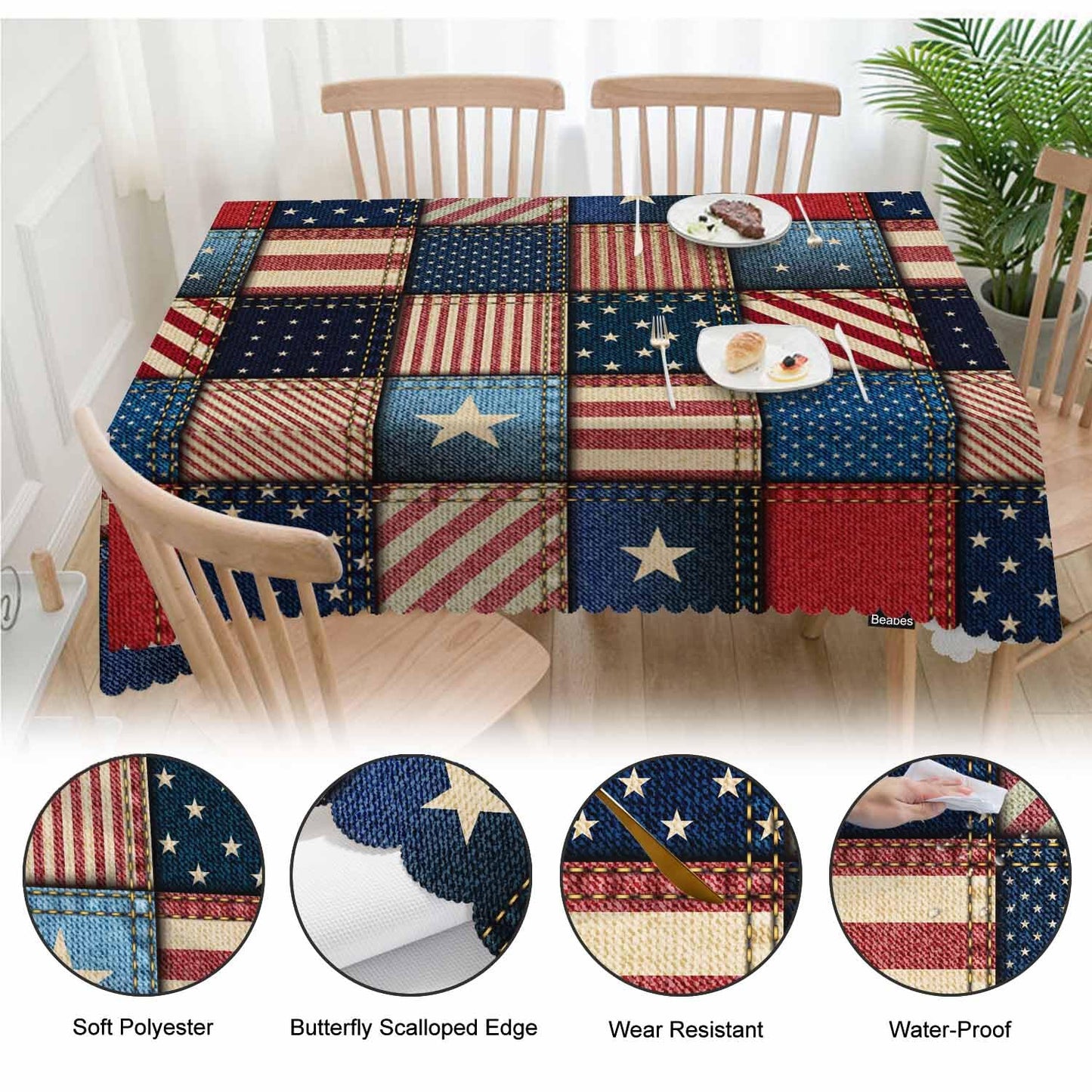 Beabes American Flag Tablecloth for Rectangle Tables Denim Patchwork of American Flag Picnic Table Cover Indoor and Outdoor Table Cloth Camping Tablecloths for Dinner Kitchen 52"X70"