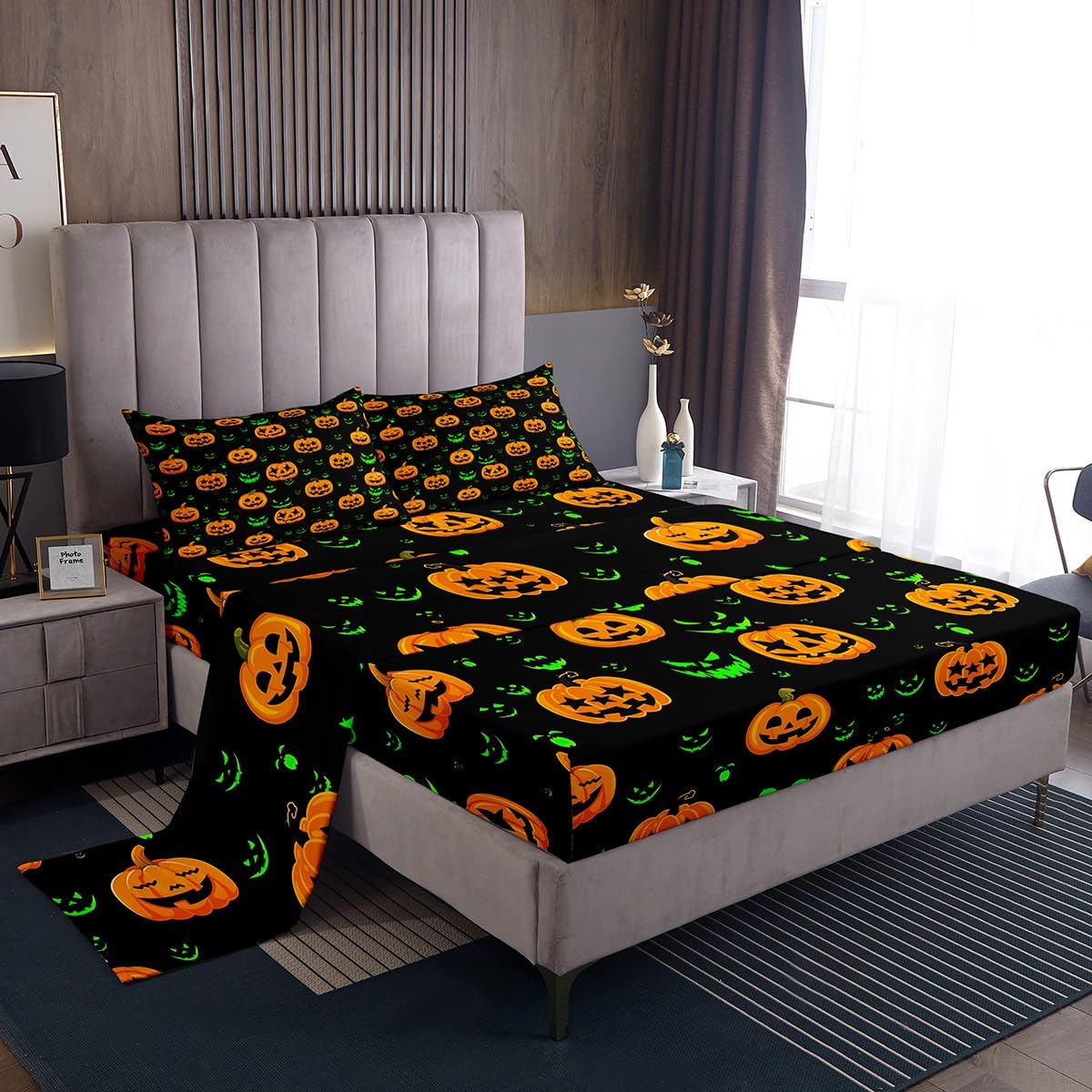 Halloween Fitted Sheet Set 4 Pieces Full Size, Holiday Theme Yellow Pumpkin Lantern and Green Gothic Sheet Set for Children Present, Bedding Set & 1 Flat Sheet & 2 Pillowcases