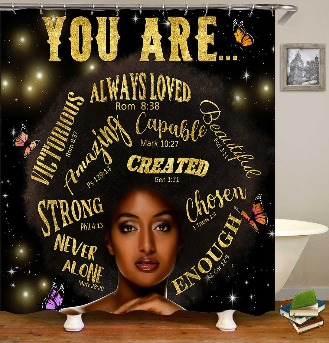 Jayden Madge 4PCS Afro Black Girl Shower Curtain Set, Purple Orange Butterfly Gold Glitter Motivational Quotes Elegant Melanin Queen African American Woman Bathroom Decor, Non-slip Bath Mat Toilet Rug