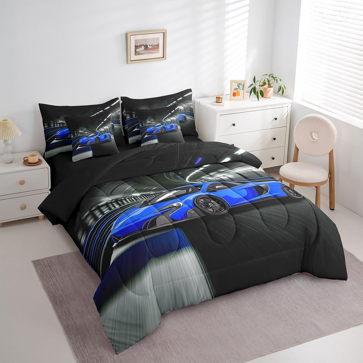 jejeloiu Speed Sports Car Bed Set Tunnel 7 Pieces Bedding Set for Kids Blue Racing Car Bed in a Bag with Comforter, Pillowcases Ultra Soft Extreme Sports All Season Breathable Lightweight Twin Size