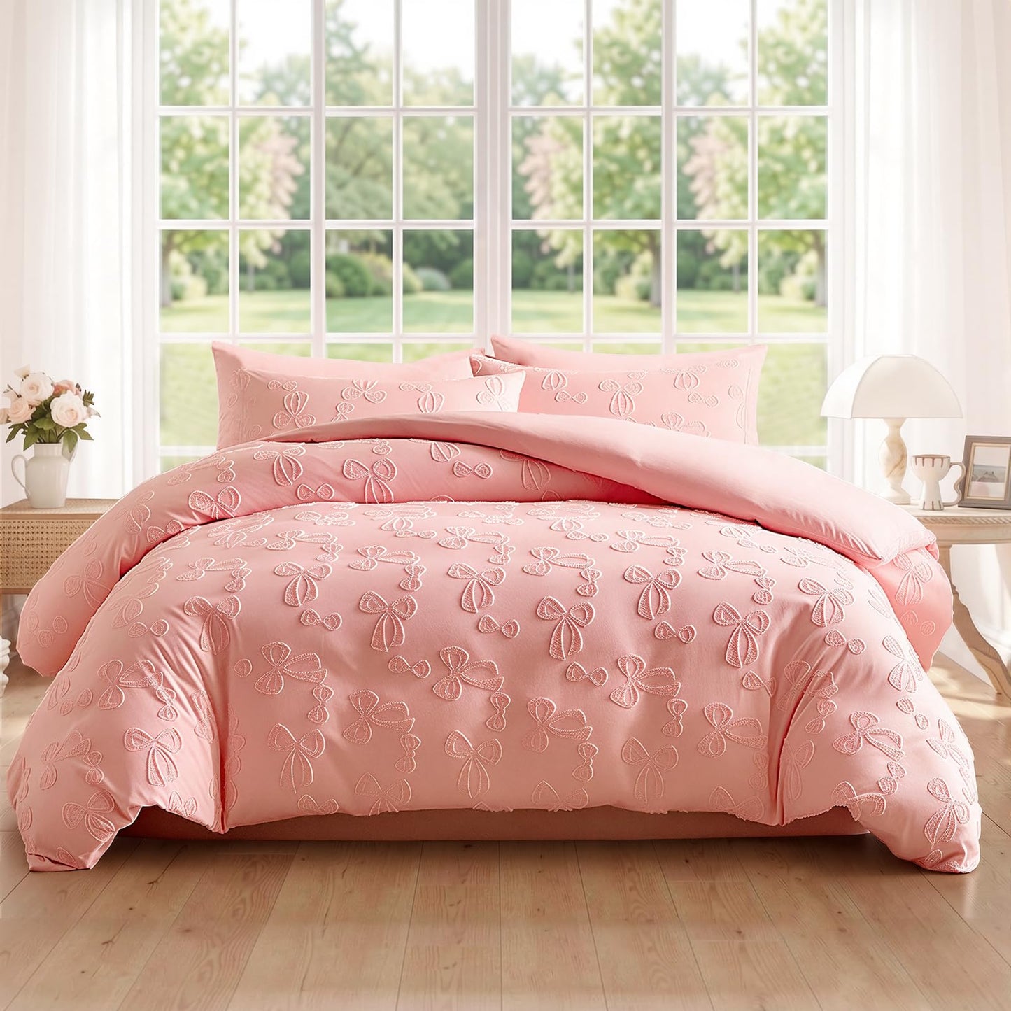 Jameswish 7 Pieces Bow Comforter Set for Girls Kids Pink Tufted Boho Bedding Set Queen Size Farmhouse Bed in A Bag as Gifts (1 Comforter, 1 Flat Sheet, 1 Fitted Sheet, 2 Pillowcase and 2 Pillow Sham)