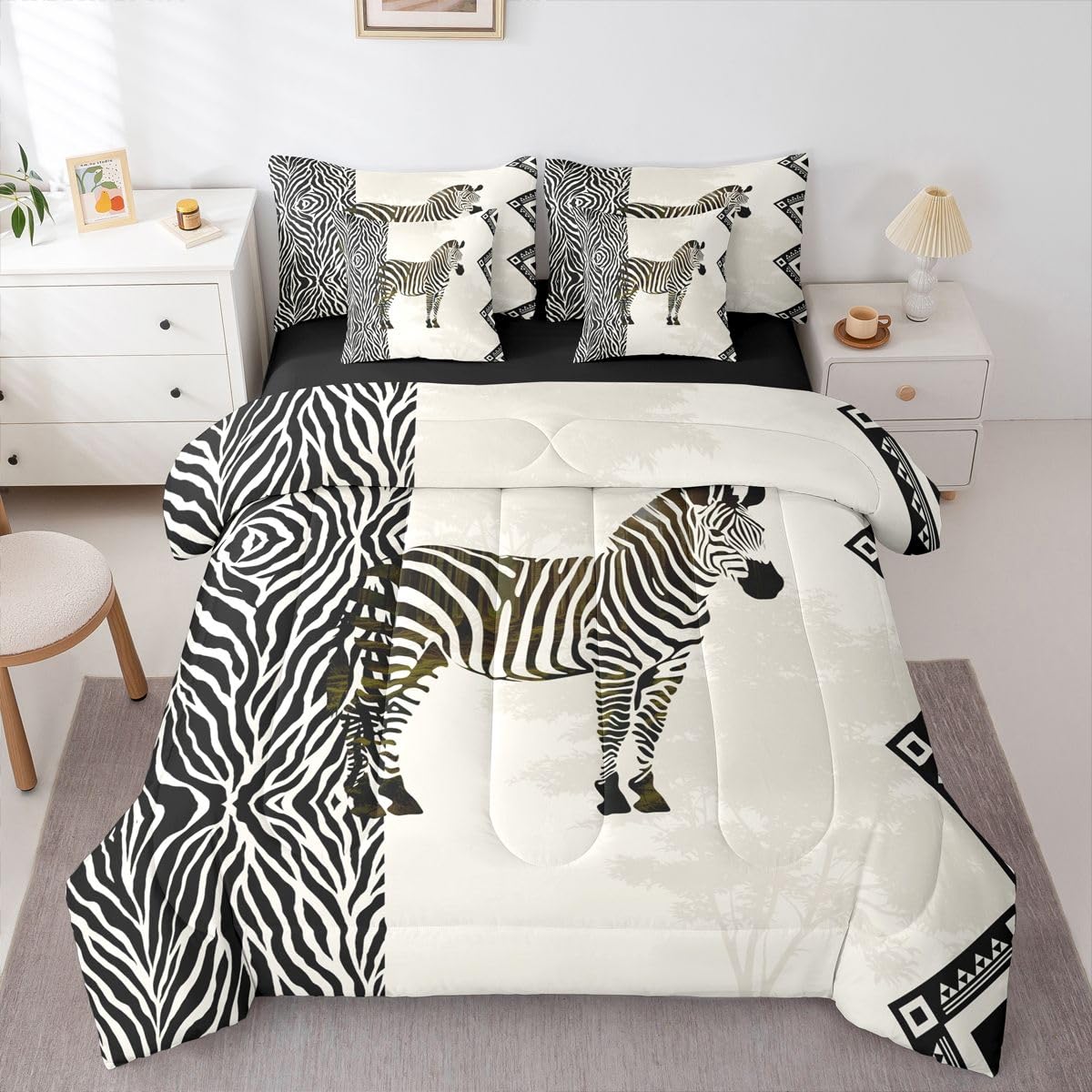 Erosebridal Zebra 7 Piece Bedding Set Full Zebra Stripes Comforter Set with Sheets Woodland Silhouette Wild Animal Skin Bed in a Bag African Animal Lover for Kids Boys Girls