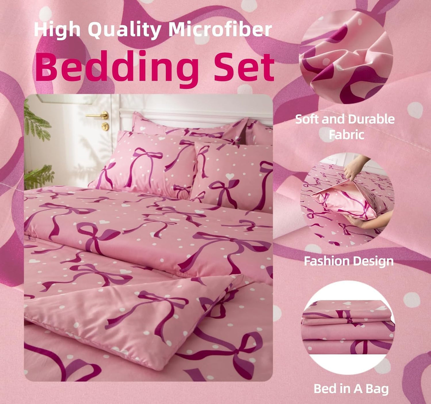 SDY Pink Bow Twin Size Comforter Set, Luxury Soft Bed in a Bag Twin 5 Pieces, All Season Bedding Set with Comforters, Sheets, Pillowcase & Sham