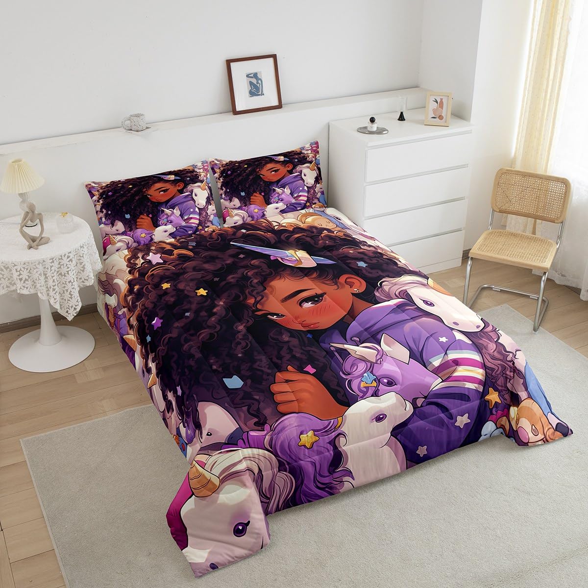 Erosebridal Black Hair Girls Bedding Set Cartoon Unicorn Twin Comforter Set,American African Kids Quilt Cute Afro Melanin Princess Down Comforter,Magical Animal Dreamy Horse Rainbow Room Decor