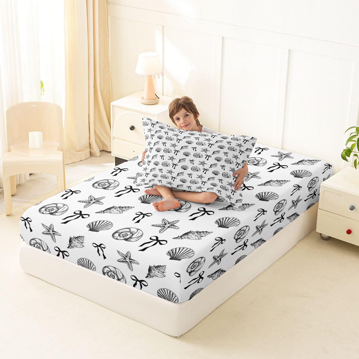 Manfei Shell Bow Tie Kids Twin Size Fitted Sheet,Conch Starfish Bowknot Marine Life Boys Girls Bed Sheets,Coquette Ocean Sea Dreamy Room Decor,Black Bedding Set,1 Pillowcase(No Flat)