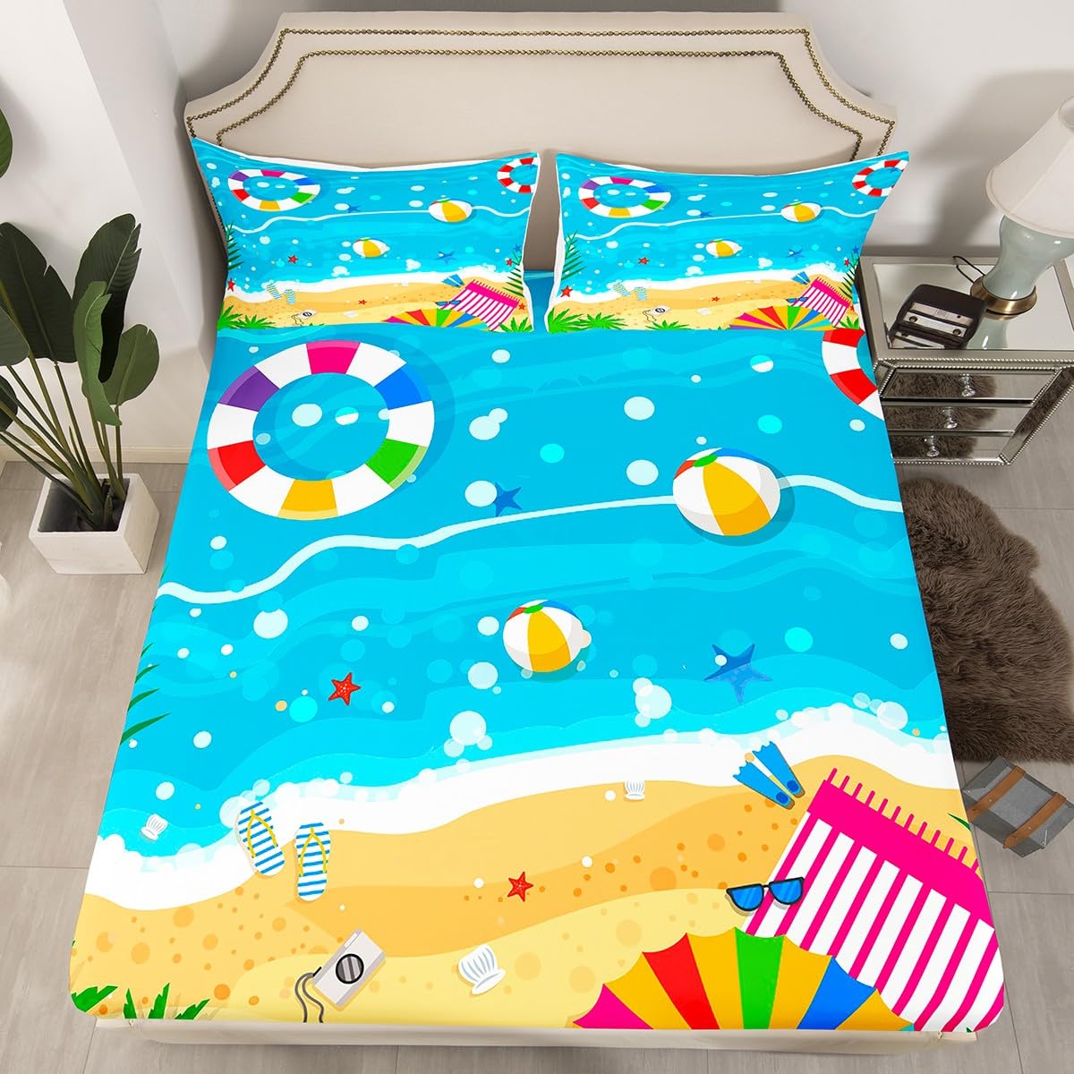 Feelyou Ocean Bed Sheet Set Twin Size Beach Coastal Shoes Fitted Sheet for Kids Boys Girls Room Decor Hawaiian Beach Bedding Set Summer Holiday Vacation Bed Cover Deep Pocket Bed Set