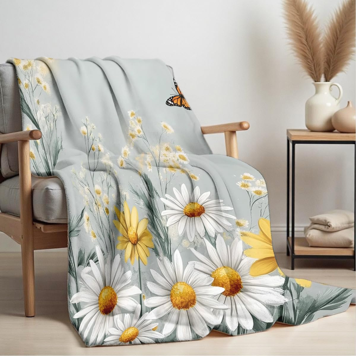 HUNXIAOJ Printed Bed Throw Blanket Butterfly and Daisy Flower Soft Flannel Blanket for Couch Bed Floral Throw for Living Room Office Home Decor (49"x59")