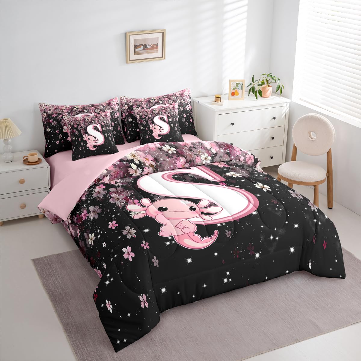 Erosebridal Japanese Cherry Blossom Bedding Set (Twin Size,7 Pieces) Cute Initial Axolotl Comforter Set with Sheets for Teen Girl Pink Axolotl Bed in A Bag with Letter S Design Monogram Duvet Insert
