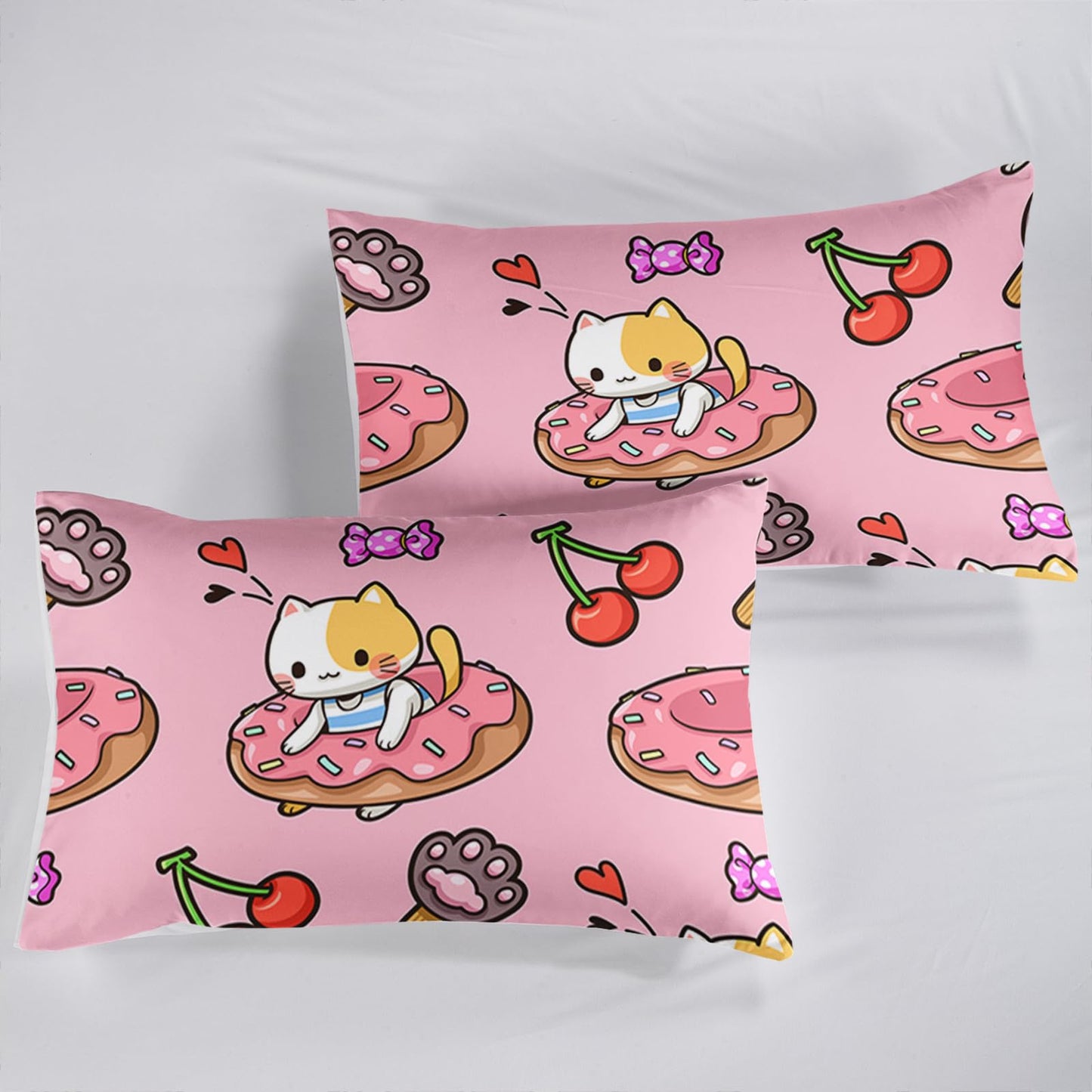 QOOMO Kawaii Cat Sheet Set,Doughnut Kids Bed Sheets,Cherry Printed 16" Deep Pocket Bed Sheet Set for Girls/Kids/Teens，4 Piece Sheet Set, 1 Fitted Sheet,1 Flat Sheet and 2 Pillowcases，Twin Size
