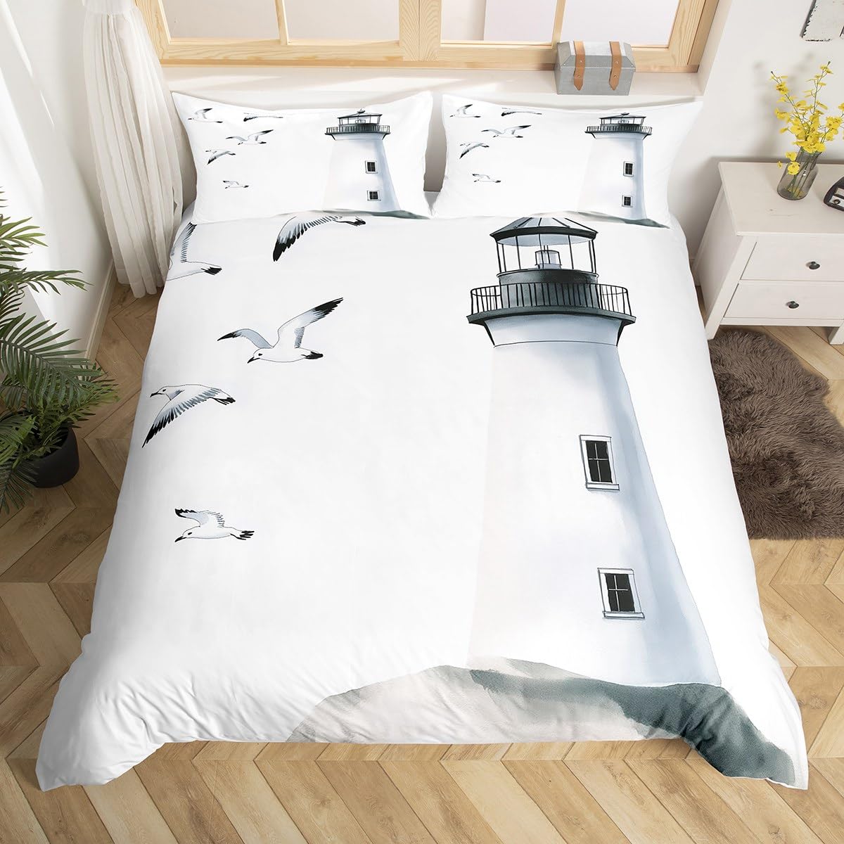 Erosebridal Lighthouse Bedding Set Full Size Nautical Duvet Cover Seagull Comforter Cover Sea Landscape Print Quilt Cover Bedroom Decorative for Kids Boys Girls Teens Adult