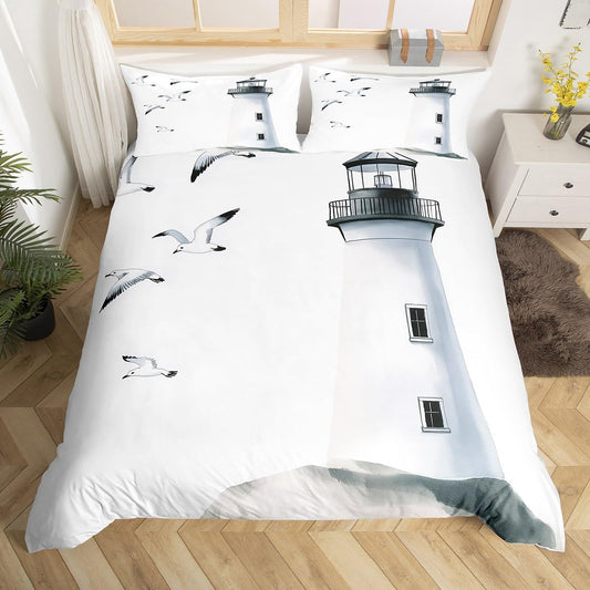 Erosebridal Lighthouse Bedding Set Full Size Nautical Duvet Cover Seagull Comforter Cover Sea Landscape Print Quilt Cover Bedroom Decorative for Kids Boys Girls Teens Adult