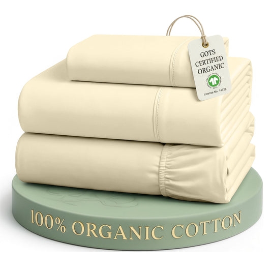 LANE LINEN Cotton Twin Sheets 100% Organic Cotton GOTS Certified Percale Weave Deep Pocket 3 Piece Soft Breathable Cooling Lightweight All Season Machine Washable Crisp - Natural