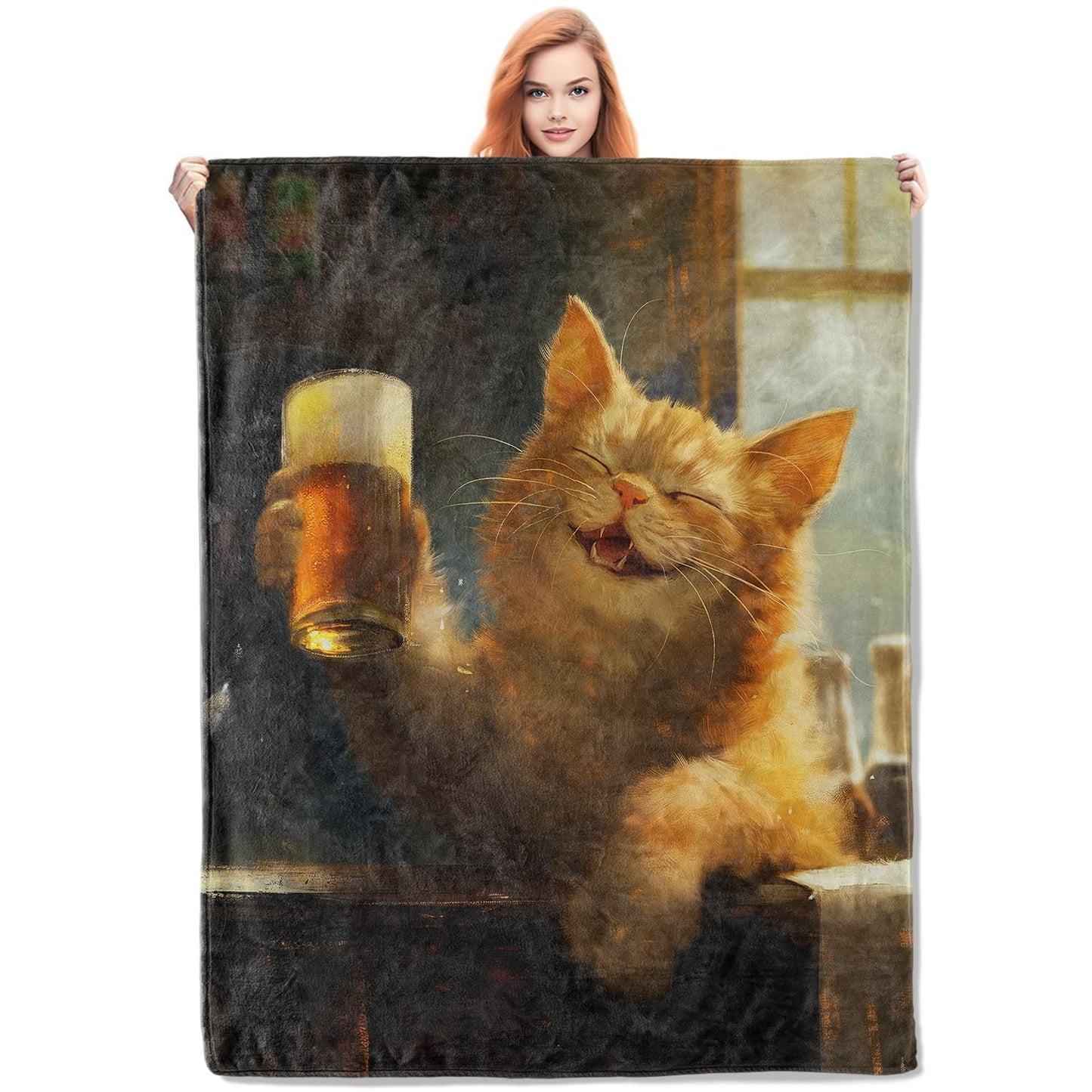 VANZEV Funny Cat Blanket,Cat and Beer Flannel Throw Blankets,Soft Warm Lightweight Cozy Plush Kitten Throws for Bedroom Sofa Office Home Decor Gifts for Women Girls 60"x50"