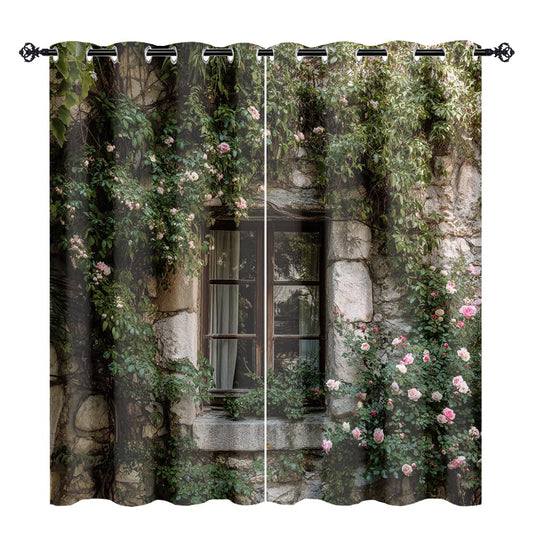 XSUPFLYM Modern Watercolor Stone House Privacy Blackout for Living Room Curtains Retro Oil Painting Spring Garden Plant Ivy Floral Pattern Curtains Top Grommets Window Treatment 2 Panels 21"W x 45"L