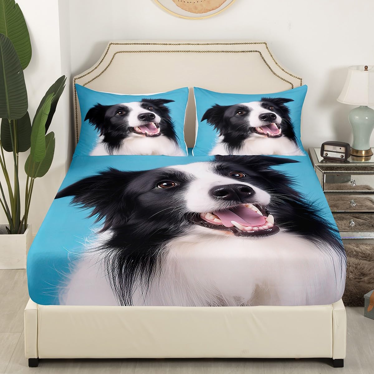 Feelyou 3D Dog Sheets Cute Border Collie Printed Bed Sheet Set Puppy Bedding Set for Kids Boys Girls Animal Theme Fitted Sheet Bedroom Collection 3Pcs Full Size