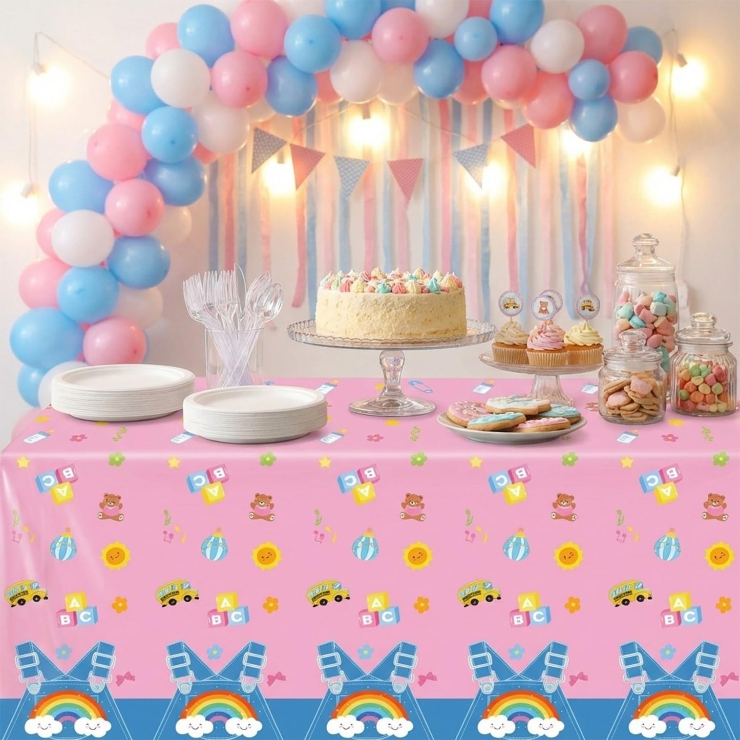 FYSUIMU 3 Pcs Cartoon English Teacher Tablecloths Plastic Table Cover Girls Birthday Rectangle Disposable Table Cloth for Baby Shower Party Dinner Tables Decor, 54 x 108 Inch