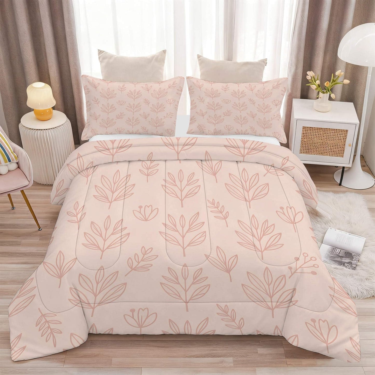 CERYUEE King 3pc Pink Line Leaf Boho Botanical Comforter Set