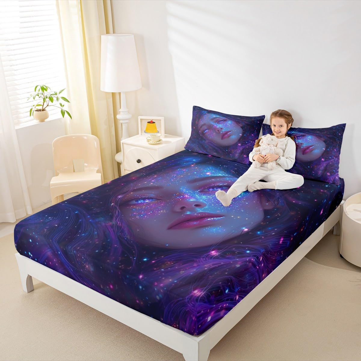 Erosebridal Anime Girl Bed Sheets Queen Size Galaxy Star Girls Fitted Sheet, Modern Fantasy Dreamy Girly Bed Set for Men Women Japanese Girl 3D Sheets 3 Pieces (No Flat Sheet)