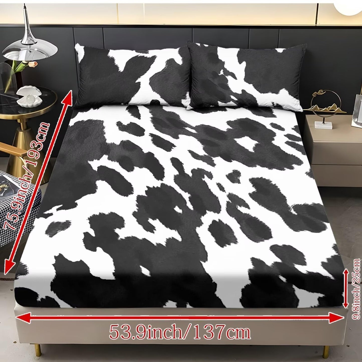 ZDCUSTOM Cow Print Sheet Sets of 3 Twin XL Size Soft Classic Fitted Sheet with 2 Pillowcases Easy Care Non-Slip Bedsheet for Twin XL Size Bed Stylish, 39" x 79"