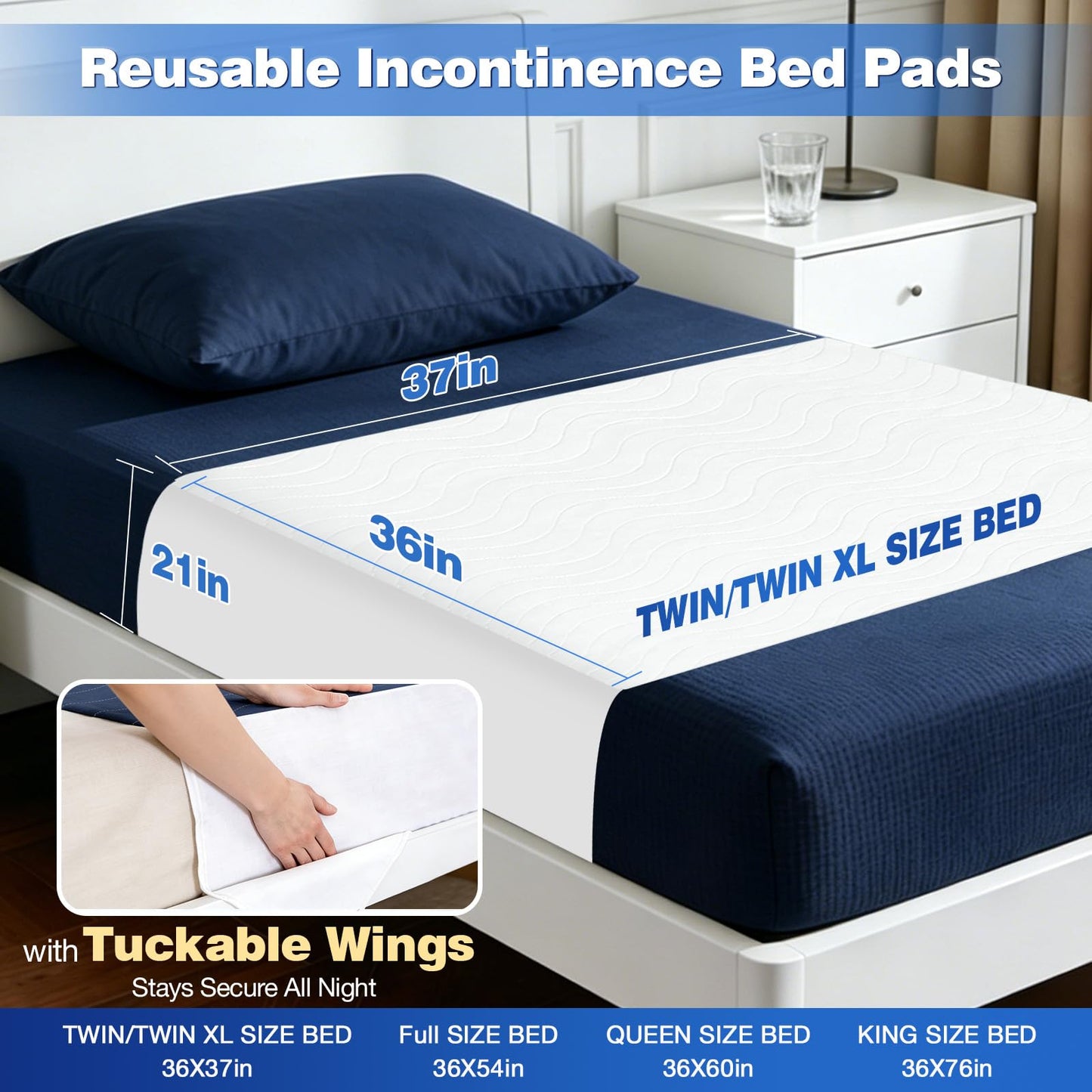 Xfire Bed Pads Washable Waterproof, Heavy Absorbency Reusable Bed Underpads with Tuckable Wings, Incontinence Bed Pads for Adults and Kids, Mattress Protector, Fits Twin/Twin XL Size Bed