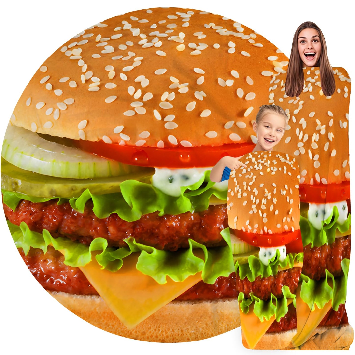 Hamburger Blanket for Kids Adults Round Cozy Flannel Funny Gifts Realistic Food Throw Blankets Novelty Soft for Men Women for Bed Couch 48 Inches