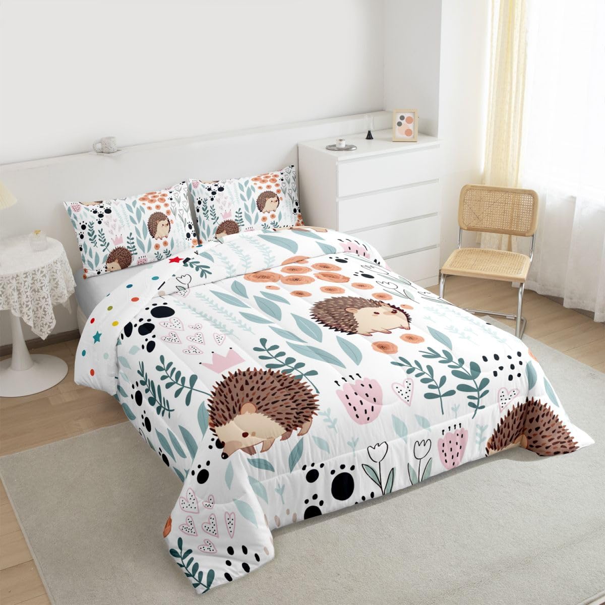 Erosebridal Kawaii Hedgehog Bedding Set Twin,Cartoon Hedgehog Comforter Set for Kids Girls Boys,Cute Love Heart Leaf Flower Comforter Set,Paw Print Animal Quilt Bed Set with 1 Pillow Case
