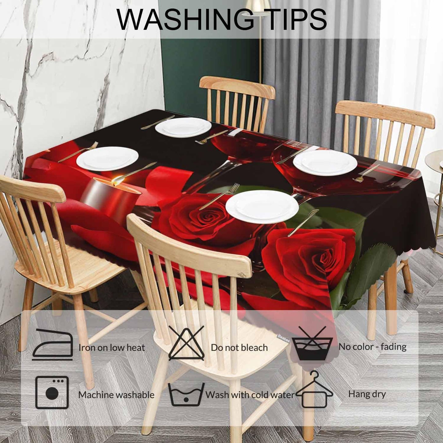 Beabes Wine Table Cloth Rectangle Table 52"X70", Romantic Red Wine Glasses Rose Wipeable Table Cover for Dinner Kitchen, Indoor Outdoor Tablecloth for Party Banquets Weddings