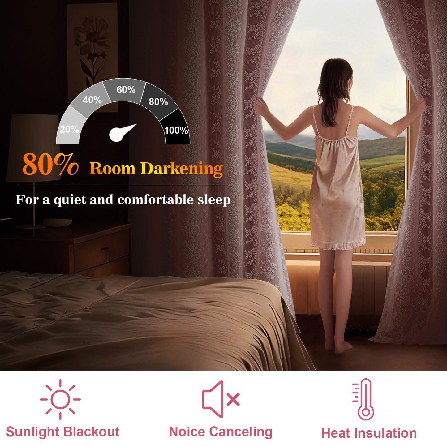 Yinhua Pink Kitchen Curtains 36 Inch Length Double Layer Blackout Cafe Curtains with Floral Sheer Overlay Rod Pocket Short Curtain for Windows, Small Window Curtain for Bathroom, Living Room, 2 Panels