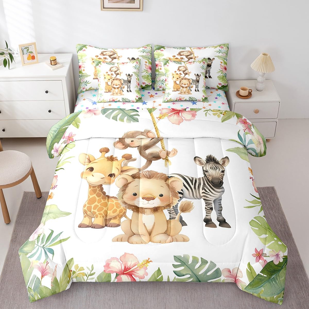 Erosebridal Lovely Cartoon Animal Twin Size Comforter Set with Sheets Teens - Cute Giraffe Lion 7-Piece Bedding Set Palm Leaves Pink Flowers Bed in a Bag Nursery Jungle Zebra Monkey Bed Quilt Sets