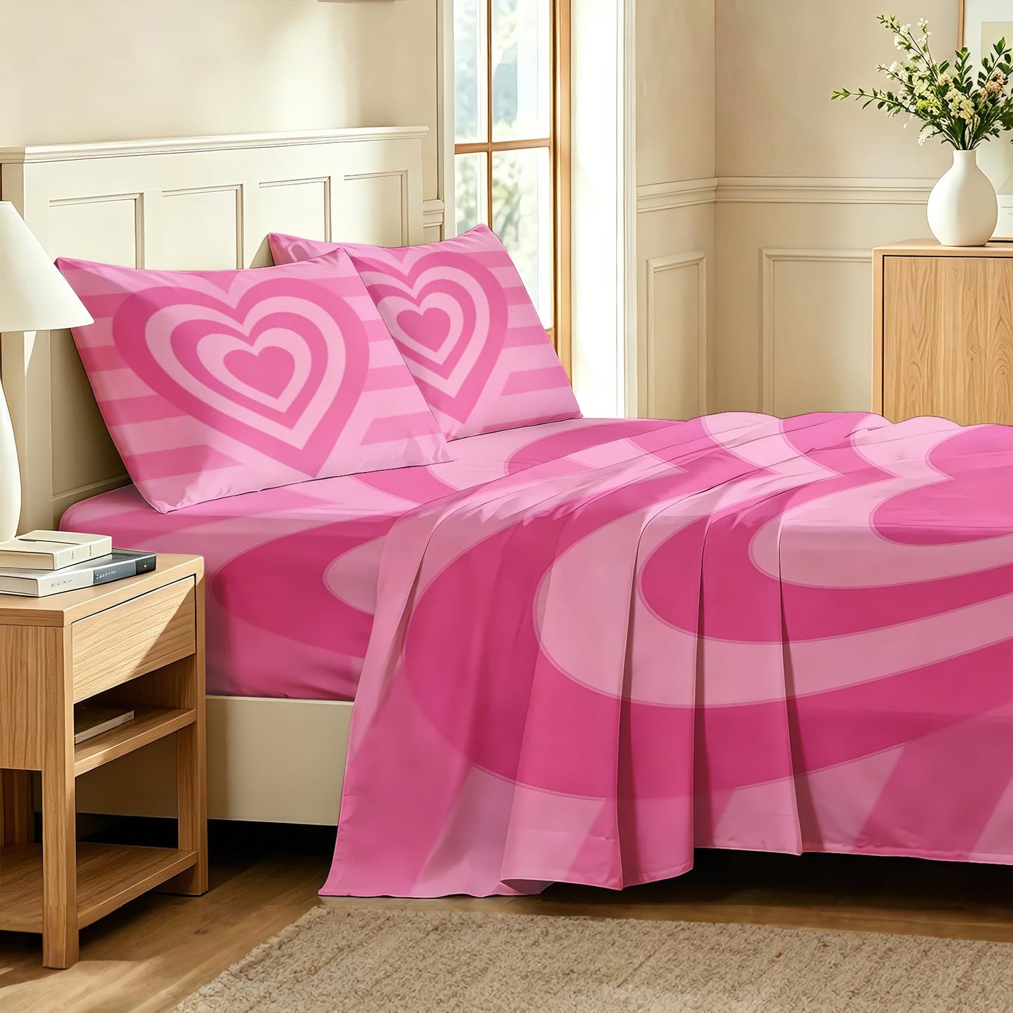 Pink Heart Striped Queen Bedding Set Retro 70s Sheet Sets