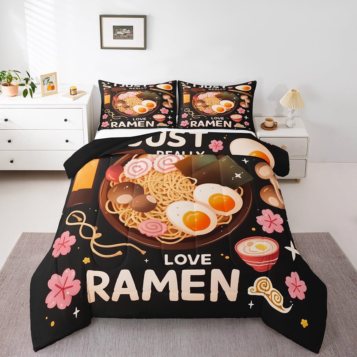 Erosebridal Ramen Noodle Queen Bedding Set,Japanese Style Comforter Set Ramen Gifts for Kids Teen Girls Boys,Pink Cherry Blossom Quilt Bed Set Anime Theme Bed Comforter Sets 3Pcs Bedroom Decor