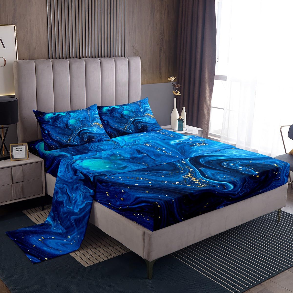 Erosebridal Blue Marble Fitted Sheet Twin, Ombre Blue Fluid Bed Sheets Trippy Liquid Sheet Set Gypsy Golden Sequins Printed Flat Sheet Tie Dye Gradient Soft Top Sheet & Fitted Sheet & 2 Pillowcases