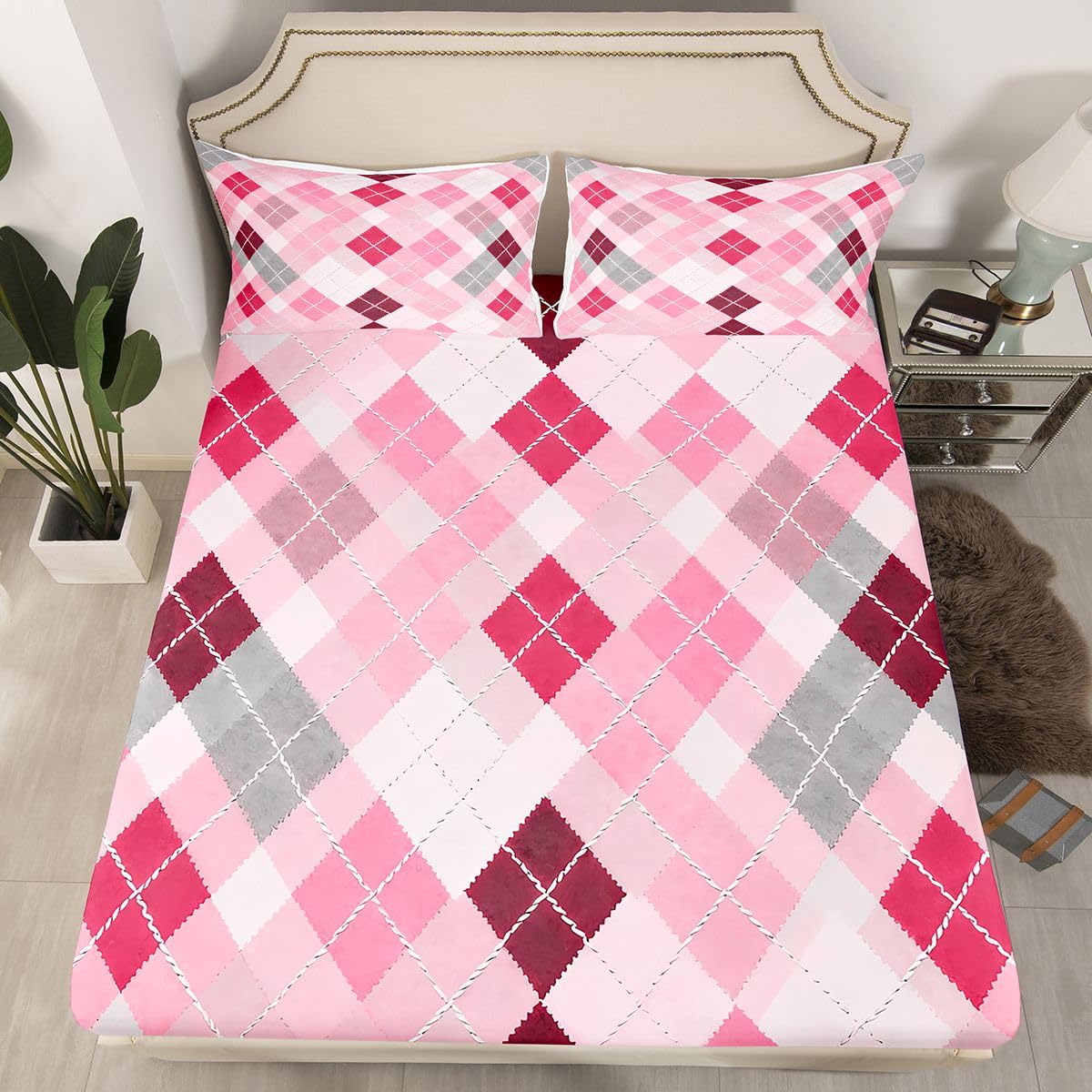 jejeloiu Traditional Argyle Pattern Fitted Sheet with 1 Pillowcase Twin Size Plaid Bed Sheets Set 16" Deep Pocket Boys Girls Pink Checkered Striped Classical Bedding Teens Bedroom Breathable Soft