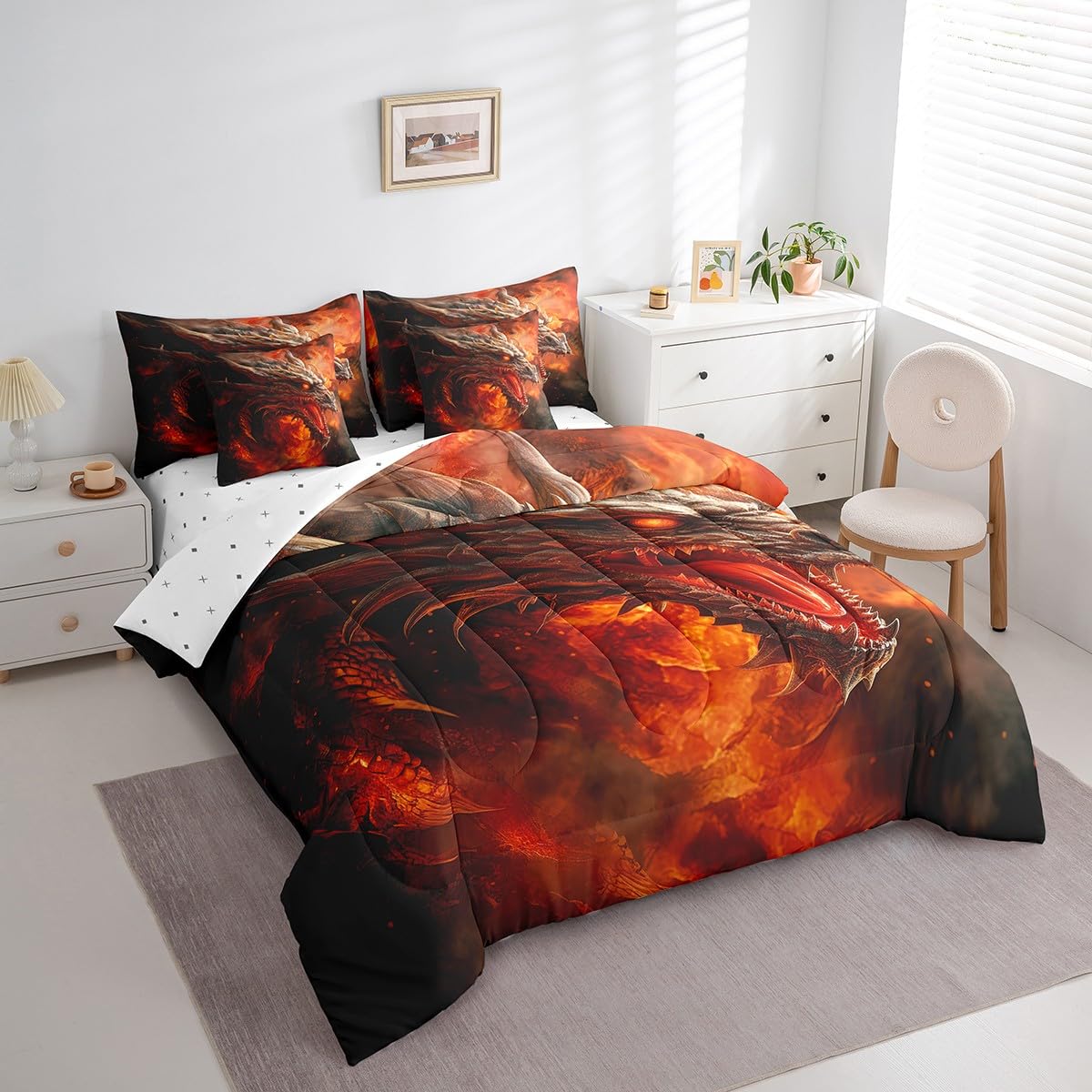 7 Pieces Comforter Set Queen Size, Red Fire Dragon Bedding Bed in a Bag With Flat and Fitted Sheets for Kids and Adults, 3D Fire Dragon Comforter Set With Pillowcases & Pillow Covers