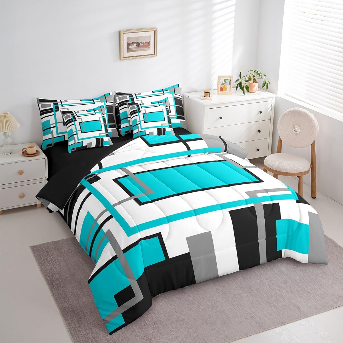 Erosebridal 7Pcs Teal Black White Geometric Abstract Twin Size Comforter Set,Modern Square Striped Bed in A Bag,Boho Bedding,Minimalist Contemporary Art Aesthetic Quilt Set with Pillowcases