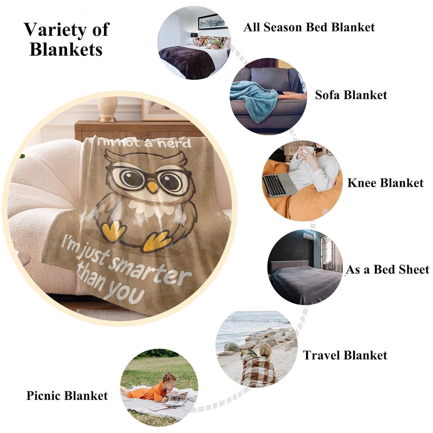 Wanoryer Smart Owl Blanket, Comfy & Warm Flannel Cute Cartoon Owls in Glasses Throw Blanket for Couch, Gifts for Teens Kids Women Girls, Soft Fuzzy Lightweight Travel Bed Blankets for Decor 50"×60"