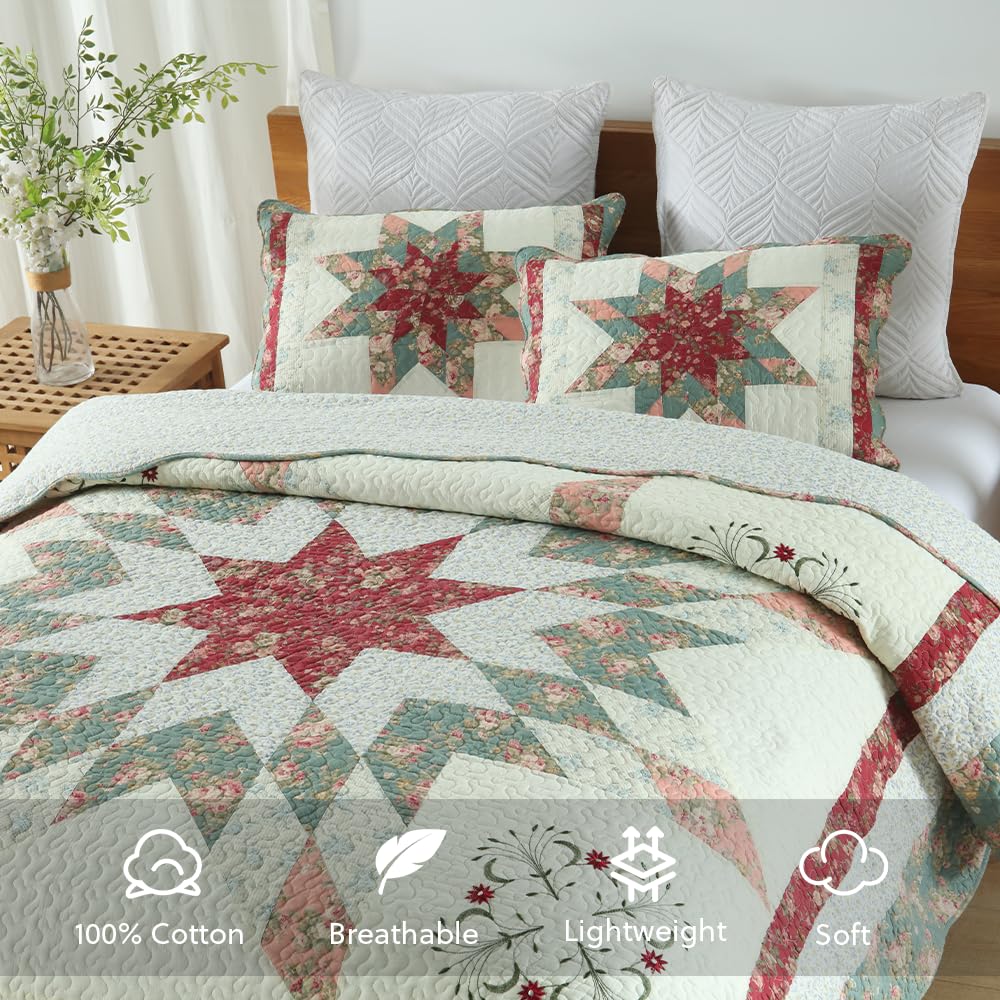 camandy Cotton Bedspread Quilt Bedding Sets, 3 Pieces Reversible Coverlets Comforters Star with Red Floral Real Patchwork Bedspread,Queen Size