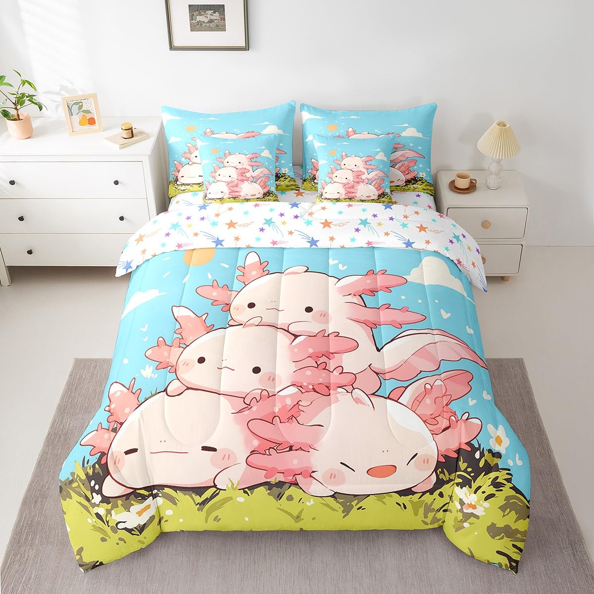 Feelyou Kids Cute Axolotl 7 Pieces Bedding Set Twin Size, Cartoon Salamander Bed in A Bag Ocean Sealife Comforter Set with Sheets Boys Girls Kawaii Animal Teens Bed Set Bedroom Decor 7Pcs