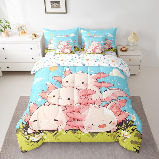 Feelyou Kids Cute Axolotl 7 Pieces Bedding Set Twin Size, Cartoon Salamander Bed in A Bag Ocean Sealife Comforter Set with Sheets Boys Girls Kawaii Animal Teens Bed Set Bedroom Decor 7Pcs