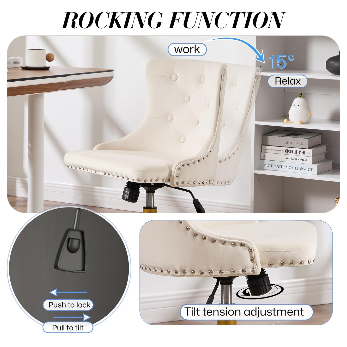 Beige Velvet Armless Desk Chair, Comy Vanity Chair with Rivet and Gold Base