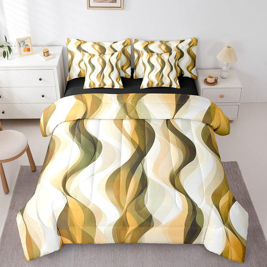 Erosebridal 7Pcs Lemon Yellow Queen Size Comforter Set,Boho Abstract Striped Bed in A Bag for Kids Teens Adults,Minimalist Modern Geometric Bedding with Bed Sheets,Mid Century Aesthetics Art Quilt